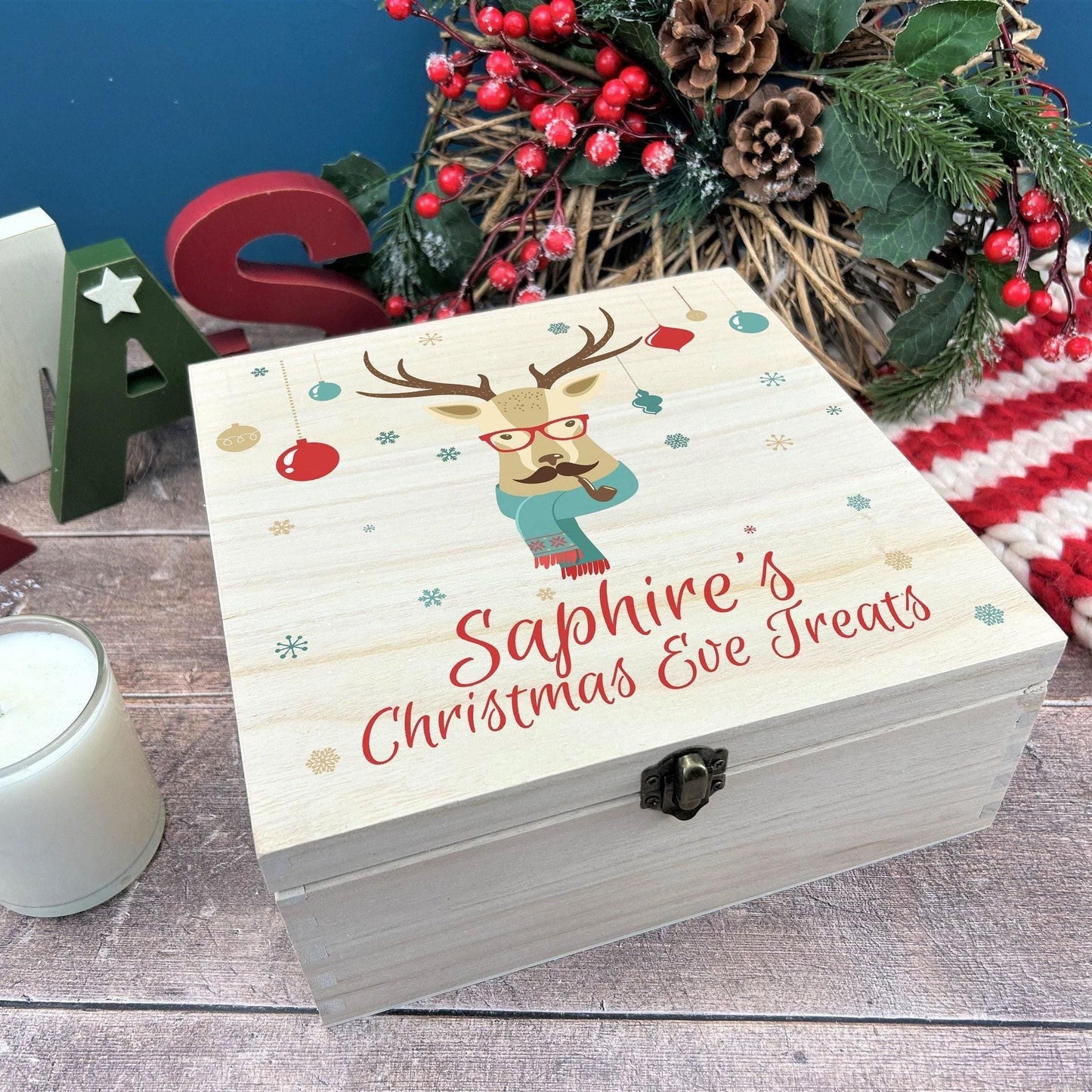 Hipster Deer Personalised Wooden Christmas Eve Box