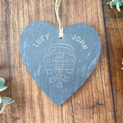 Just Married Car Wedding Slate Heart - Personalised Wedding Gift