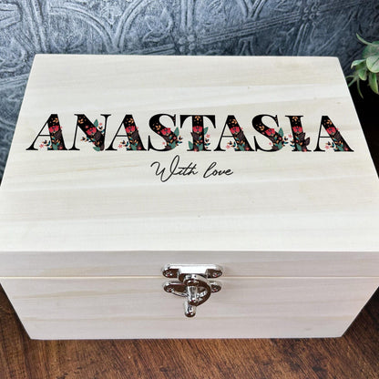 Black Floral Letters Folk Art Style Personalised Wooden Memory Box