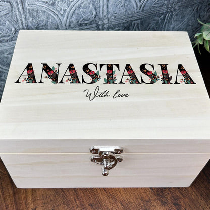 Black Floral Letters Folk Art Style Personalised Wooden Memory Box