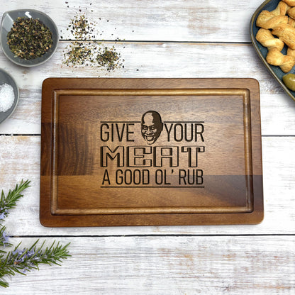 a wooden cutting board with a quote on it