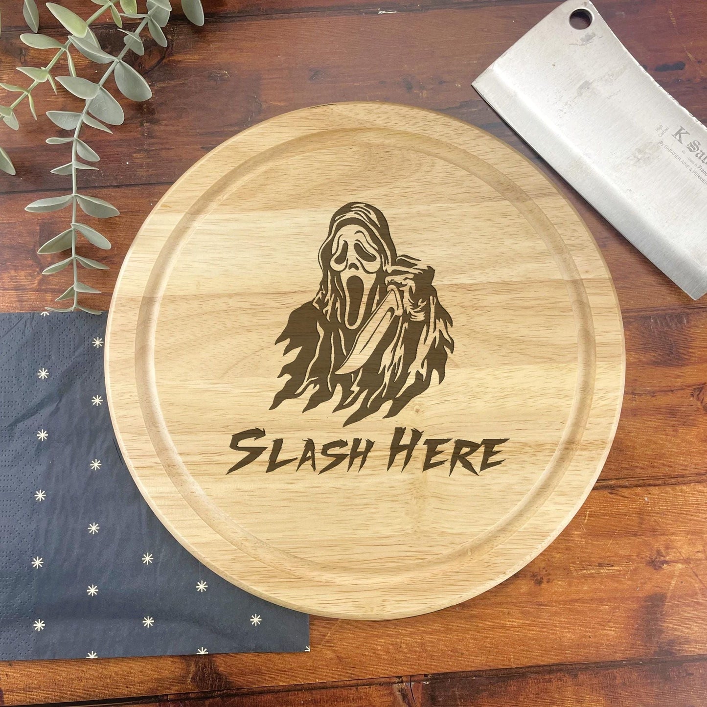 a cutting board with a picture of a man on it