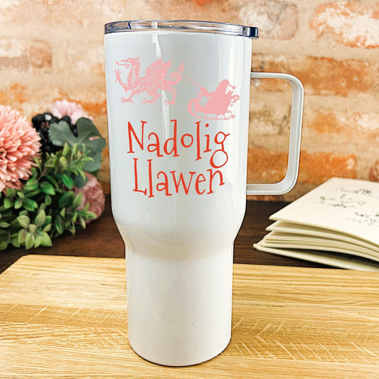 Nadolig Llawen Dragon Santa Sleigh - Welsh Language Dialect - Personalised Travel Mug