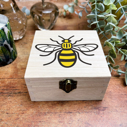 Manchester Bee Colourful Wooden Box Trinkets Desk Tidy Clutter Hair Bobbles Stationary Christmas Gift Birthday Present Worker Bee
