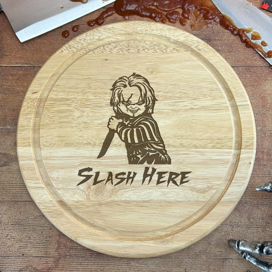 a wooden cutting board with a cartoon character on it