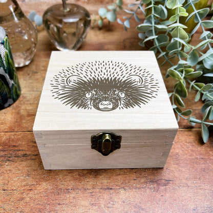 Hedgehog Illustration Engraved Wooden Trinket Jewellery Box Christmas Gift Birthday Present Woodland Animal Secret Santa