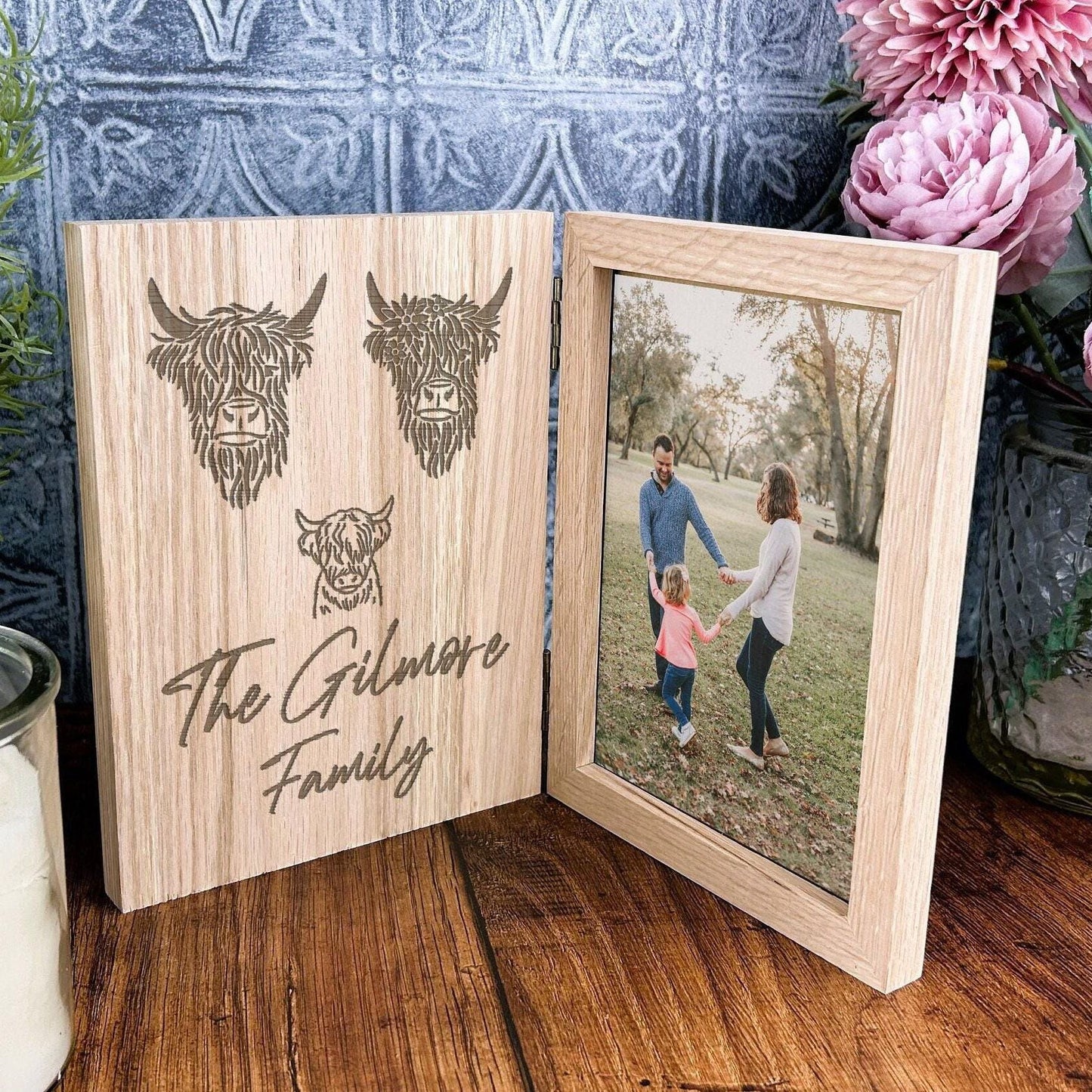 Highland Cow Family Design Personalised Oak Photo Frame - Family gift - Mother's Father's Day