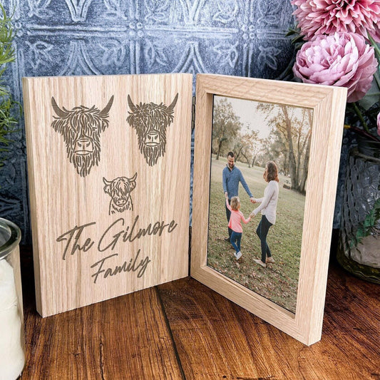 Highland Cow Family Design Personalised Oak Photo Frame - Family gift - Mother's Father's Day