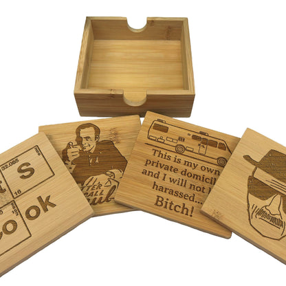 Breaking Bad Heisenberg Walter White Better Call Saul Jesse Pinkman Bamboo Engraved Coaster Set New Home Décor House Warming Gift