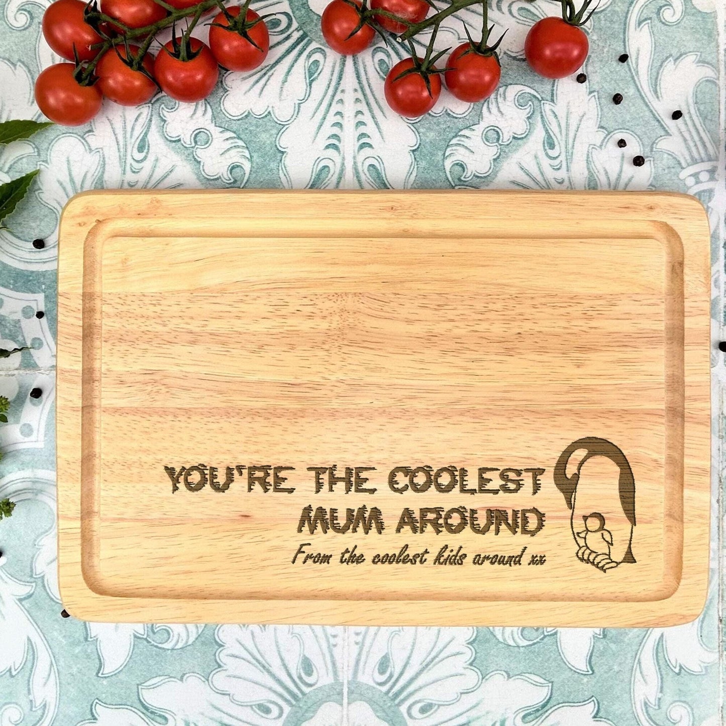 Coolest Mum Around Penguin Personalised Chopping Board Mother's Day Gift