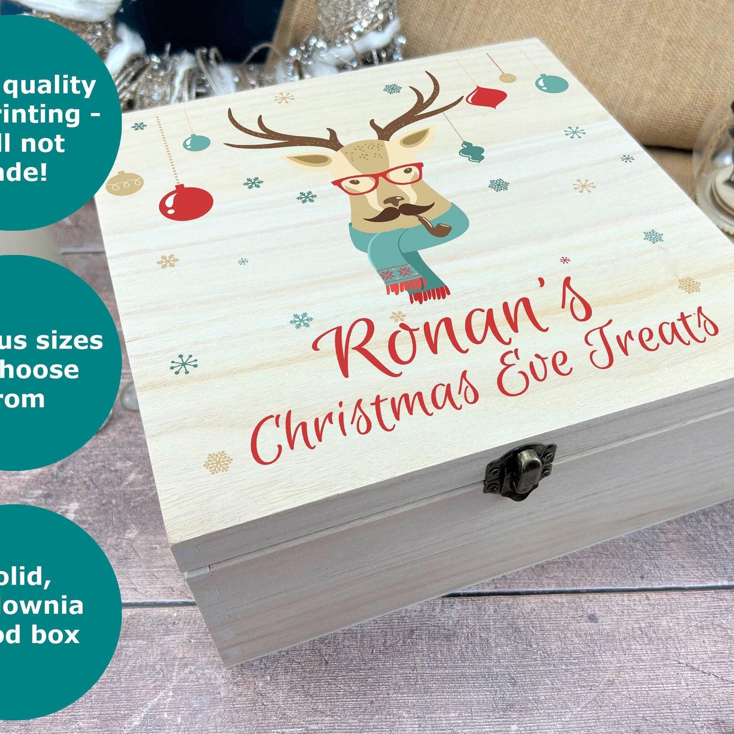 Hipster Deer Personalised Wooden Christmas Eve Box