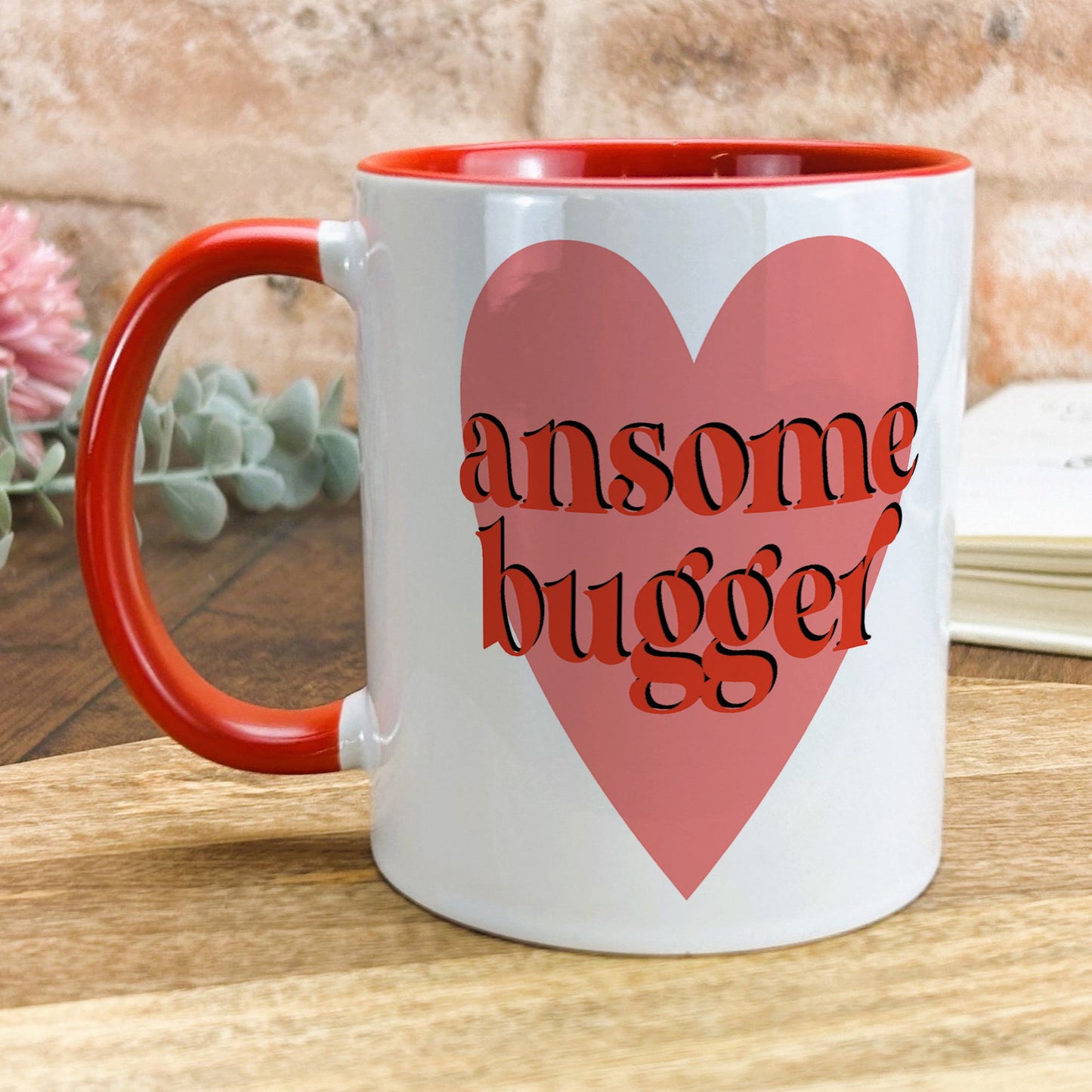 a red and white coffee mug with the words awesome, awesome, awesome, awesome
