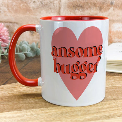 a red and white coffee mug with the words awesome, awesome, awesome, awesome