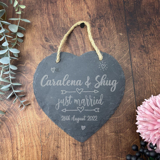 Just Married Wedding Slate Heart - Personalised Wedding Gift