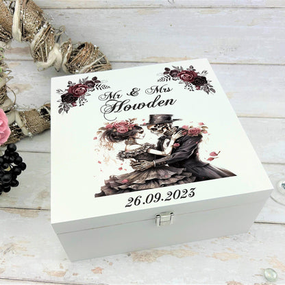 Personalised  Skull Couple White Memory / Keepsake Box - Wedding Anniversary Gift - Gothic Couple