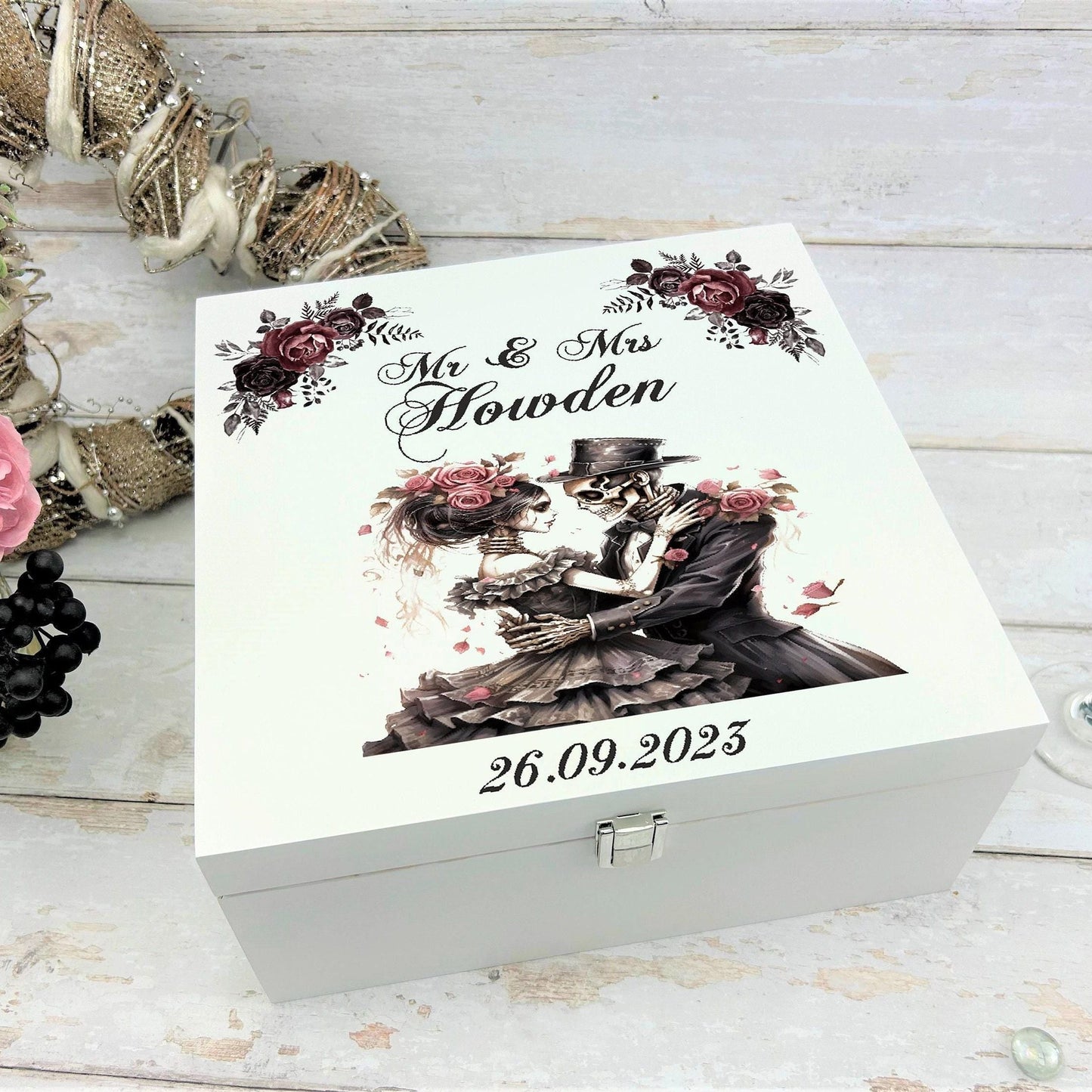 Personalised  Skull Couple White Memory / Keepsake Box - Wedding Anniversary Gift - Gothic Couple