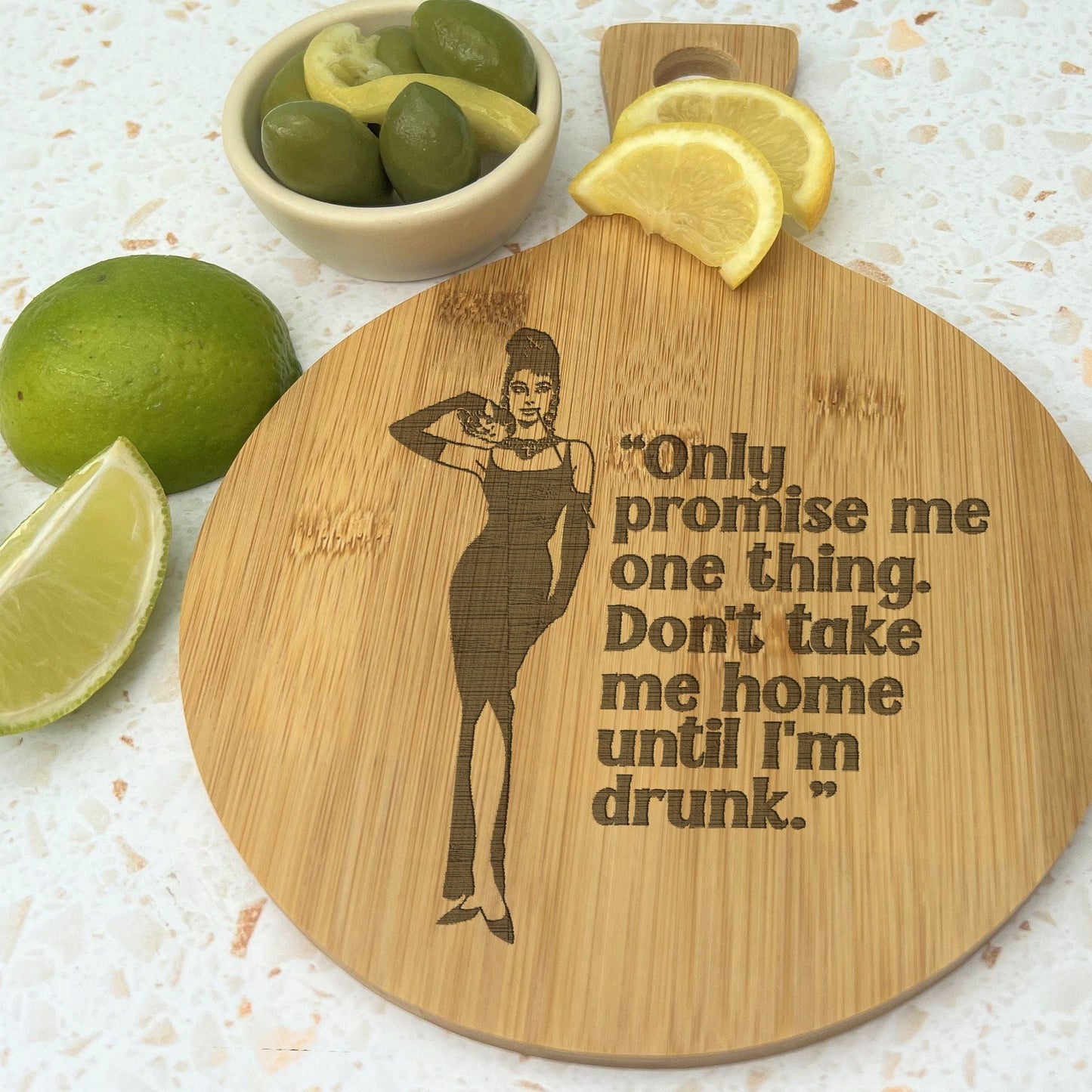 Breakfast at Tiffany's Audrey Hepburn Bamboo Paddle Chopping Board Garnish Drinking Gin Tonic Cocktails Home Bar