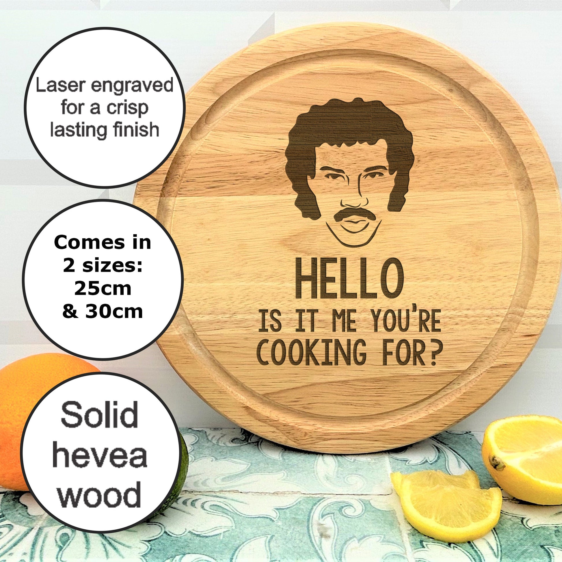 a cutting board with a picture of a man on it