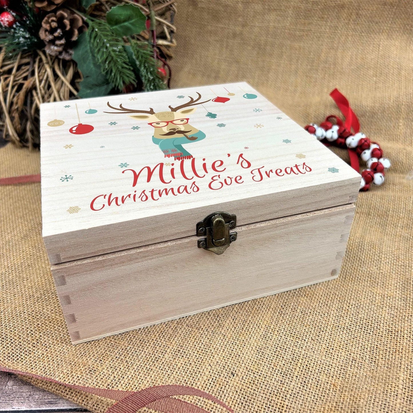 Hipster Deer Personalised Wooden Christmas Eve Box