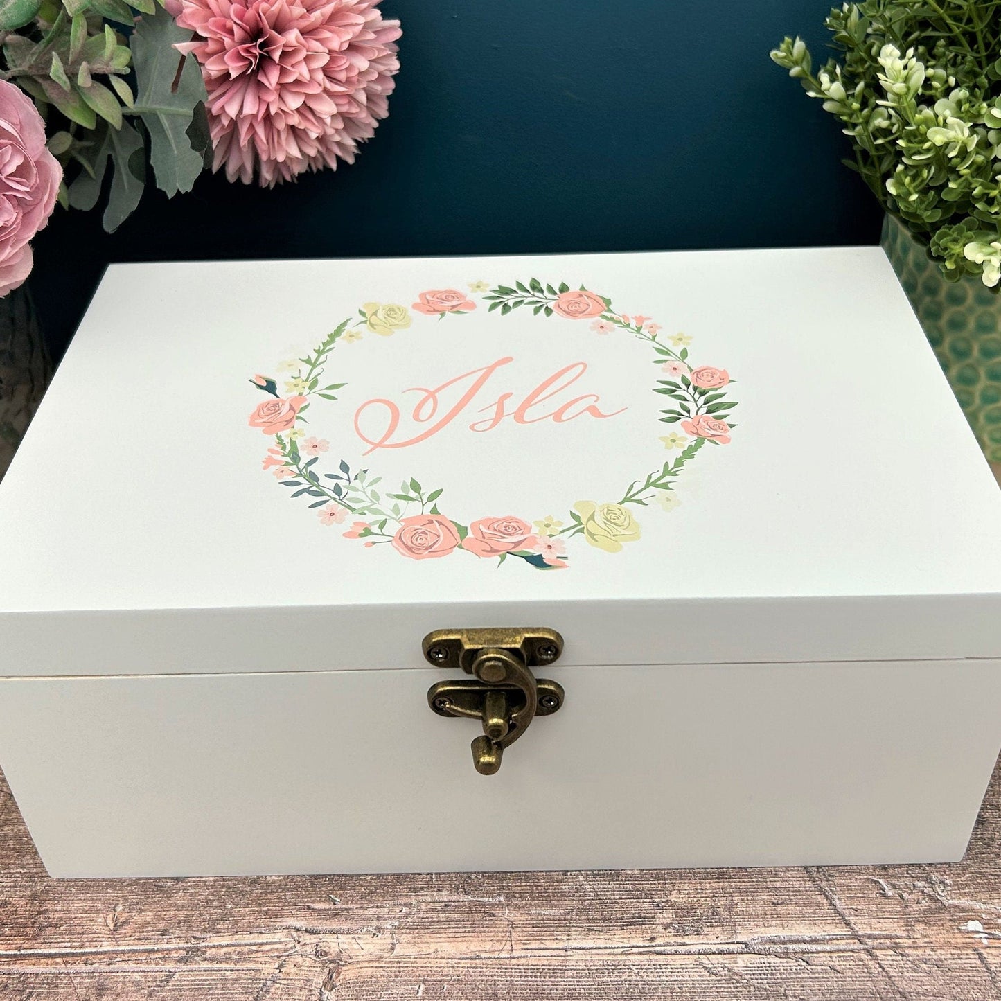 Rose Floral Wreath Personalised Jewellery Trinkets Box - Birthday Gift