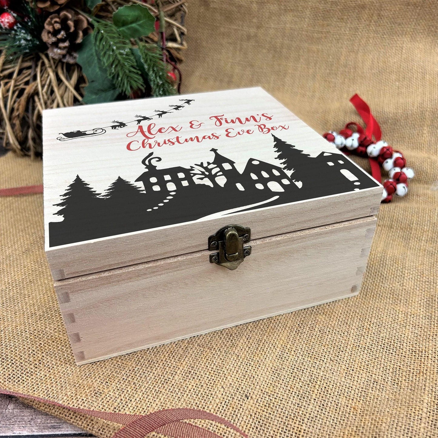 Santa Sleigh Town Silhouette Christmas Eve Treats Personalised Wooden Box