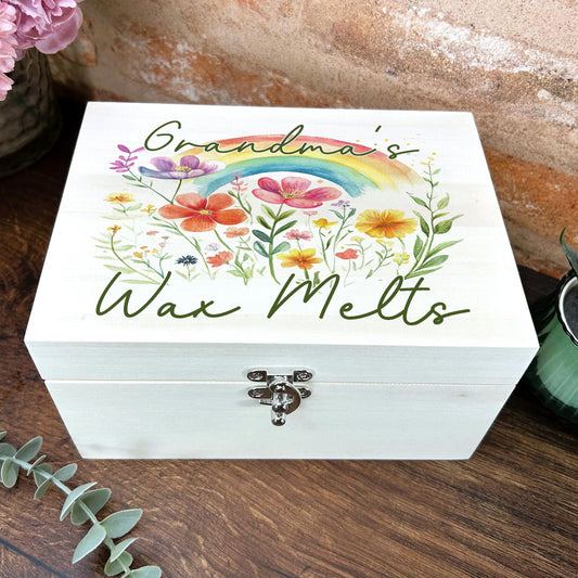 Flowers And Rainbow Wax Melt Storage Personalised Wooden Box