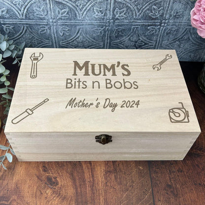 Mums Bits N Bobs Engraved Wooden Box - Personalised Mother's Day Gift - Tool Storage