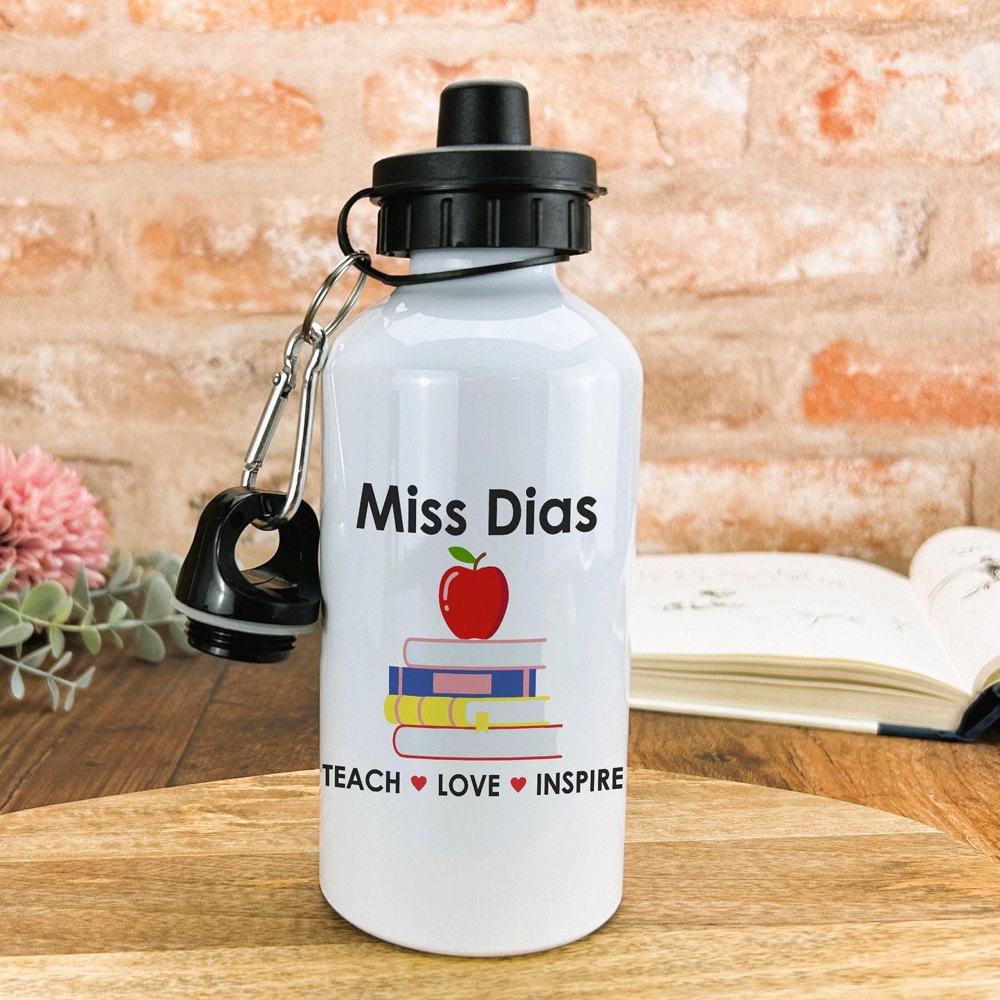 Teach Love Inspire Apple Books Teacher Personalised Message End of School Gift Water Bottle PGCE