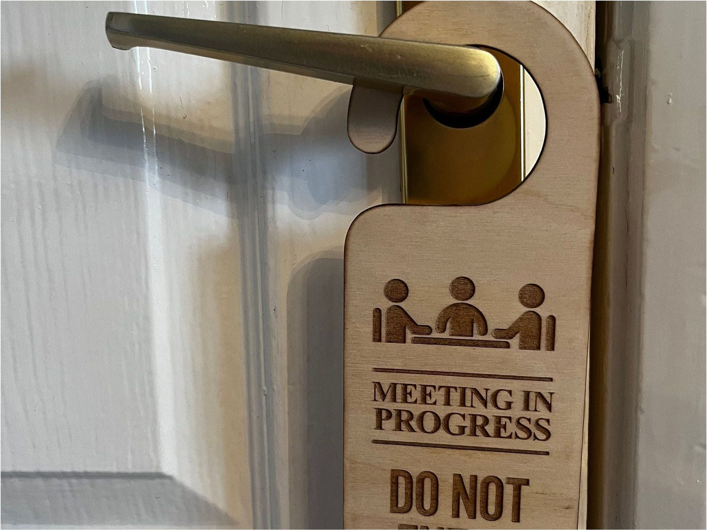 Meeting in Progress Do Not Disturb Engraved Wooden Door Hanger