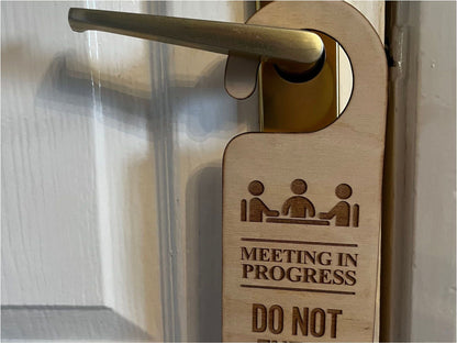 Meeting in Progress Do Not Disturb Engraved Wooden Door Hanger