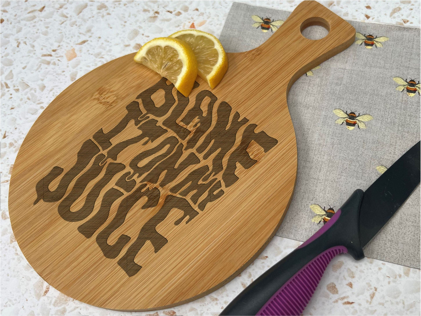 Lizzo Blame It On My Juice Bamboo Paddle Chopping Board