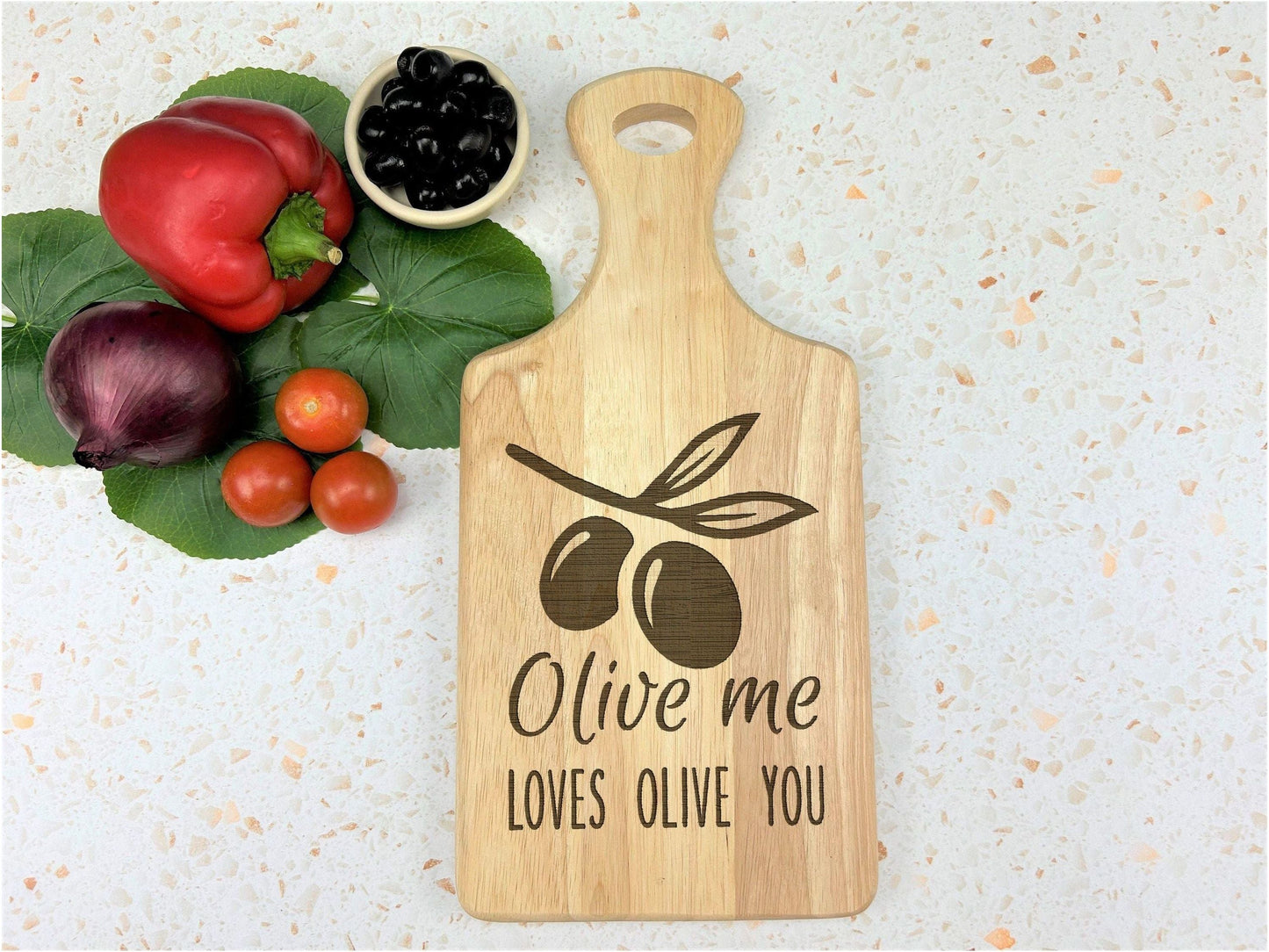 Olive Me Loves You Engraved Wooden Paddle Chopping Board