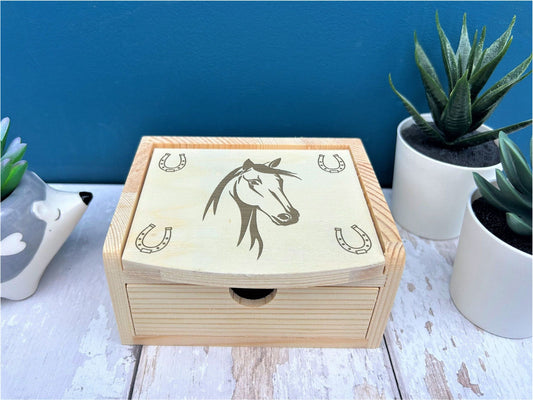 Horse Head Engraved Wooden Small Trinket Jewellery Box