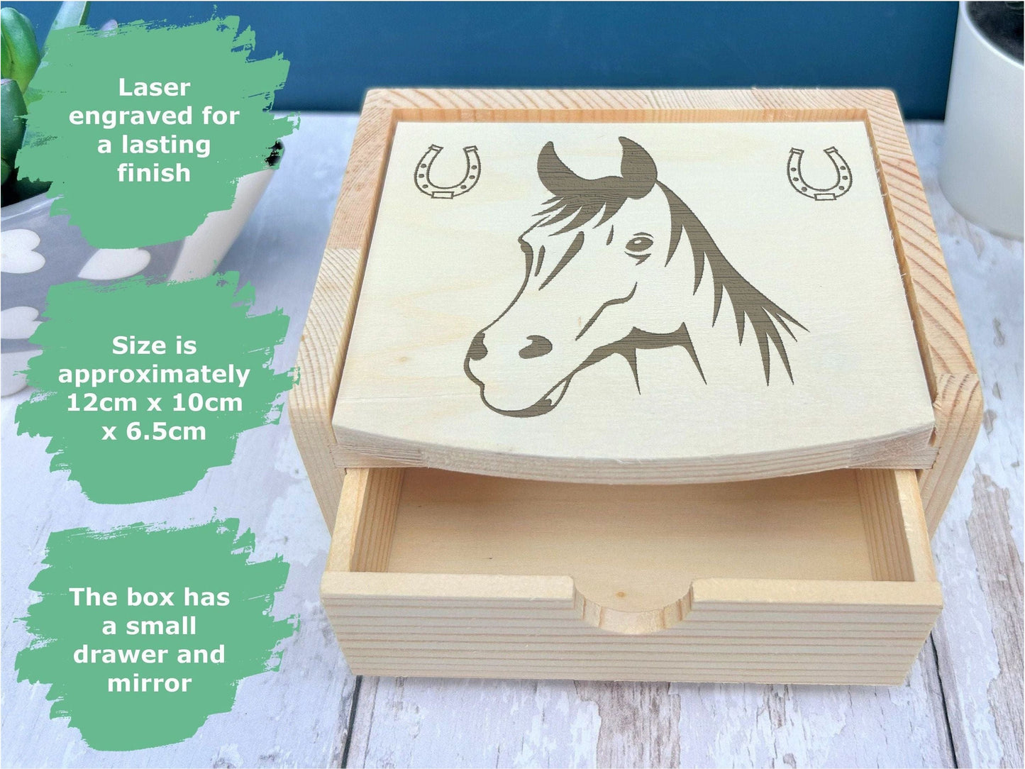 Horse Head Engraved Wooden Small Jewellery Box