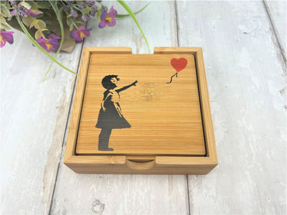 Banksy Painting Artwork Graffiti Bamboo Coaster Set