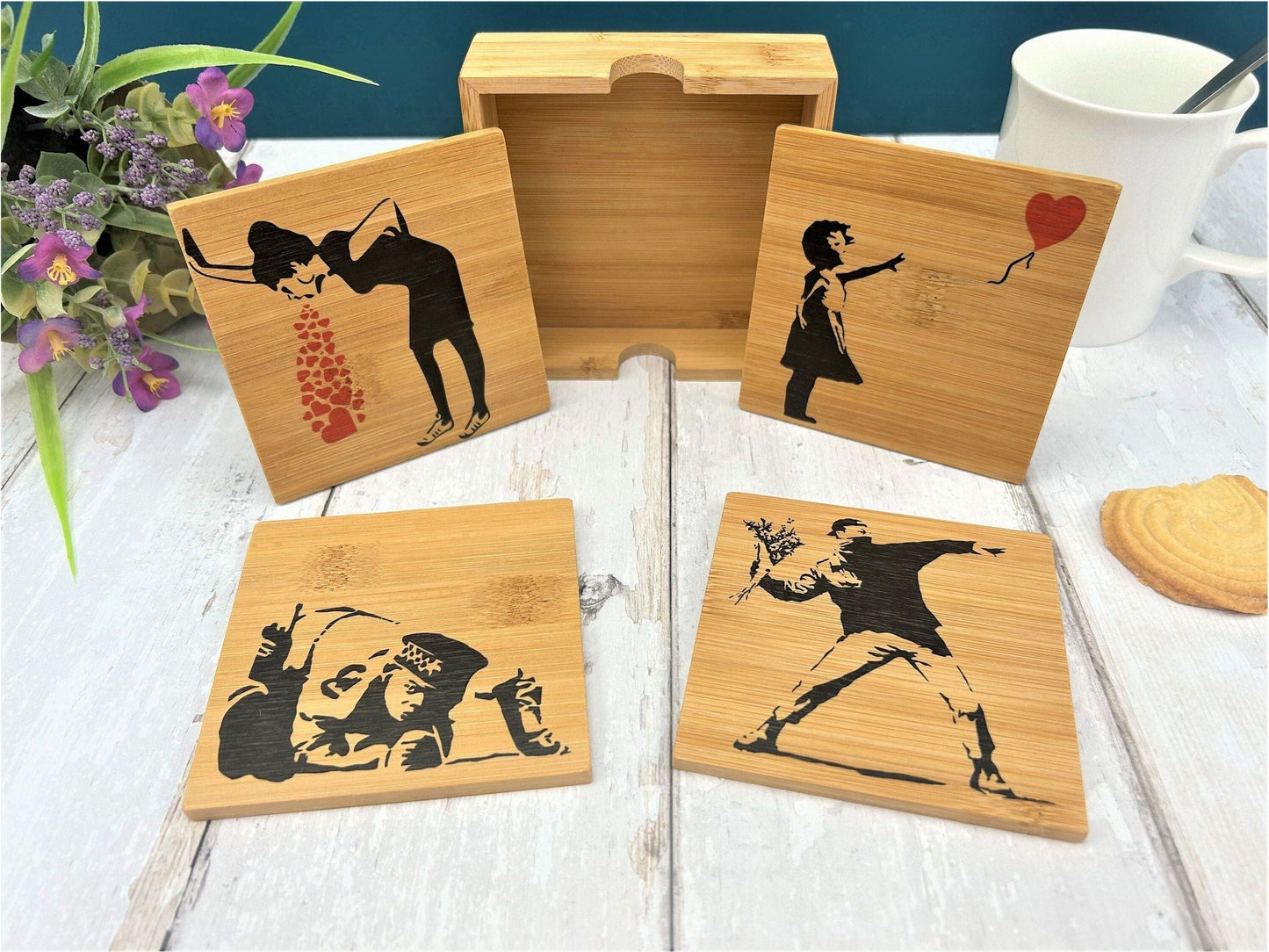 Banksy Painting Artwork Graffiti Bamboo Coaster Set