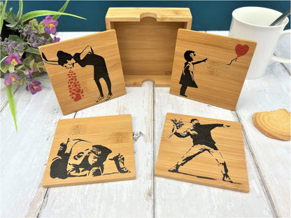 Banksy Painting Artwork Graffiti Bamboo Coaster Set