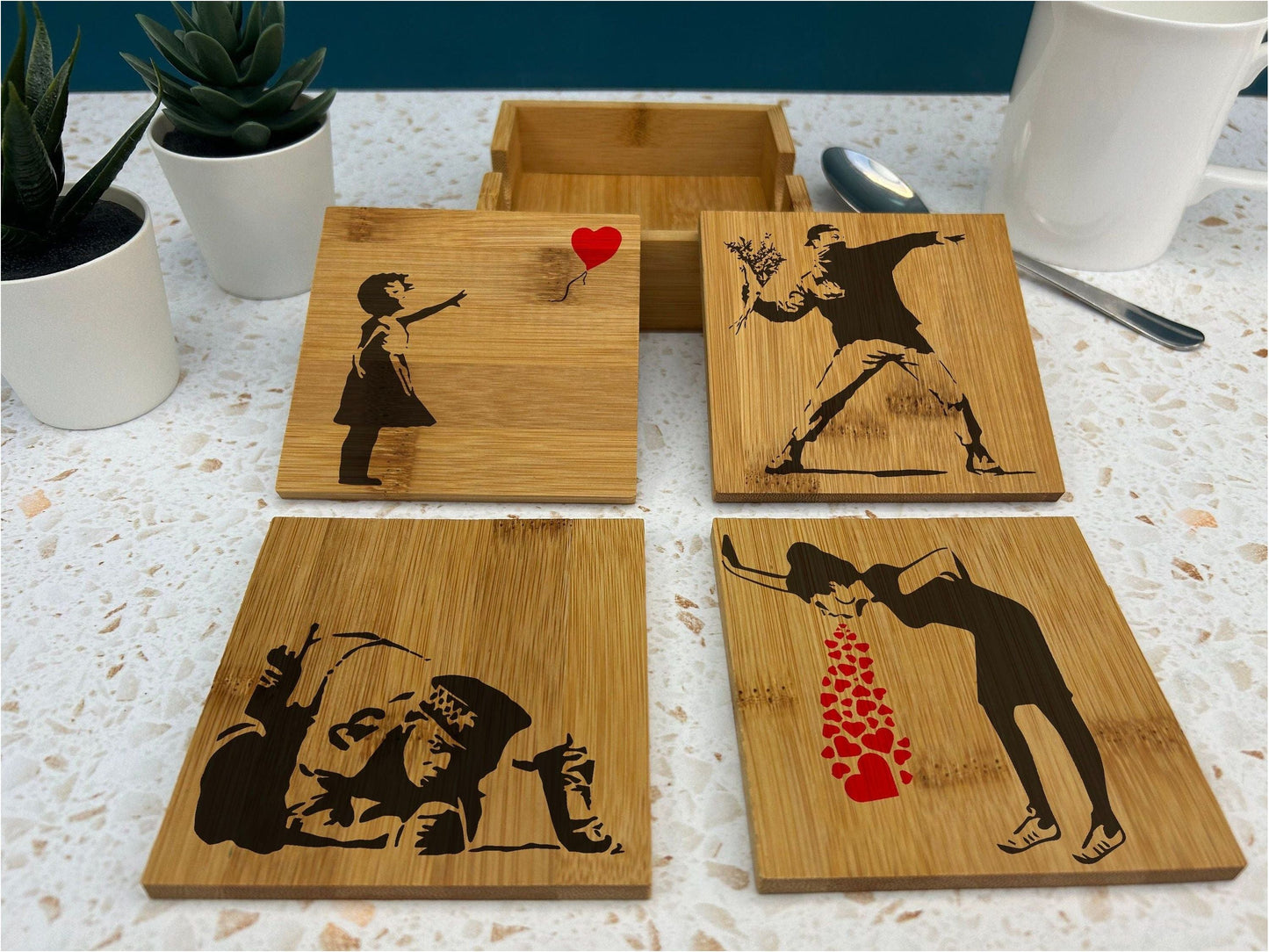 Banksy Painting Artwork Graffiti Bamboo Coaster Set