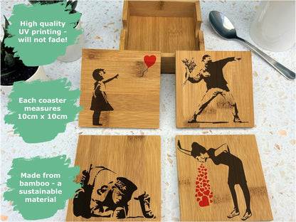 Banksy Painting Artwork Graffiti Bamboo Coaster Set