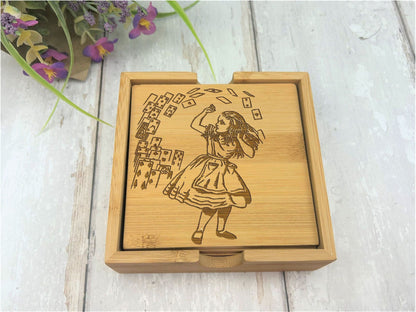 Alice in Wonderland Illustrations Bamboo Coaster Set