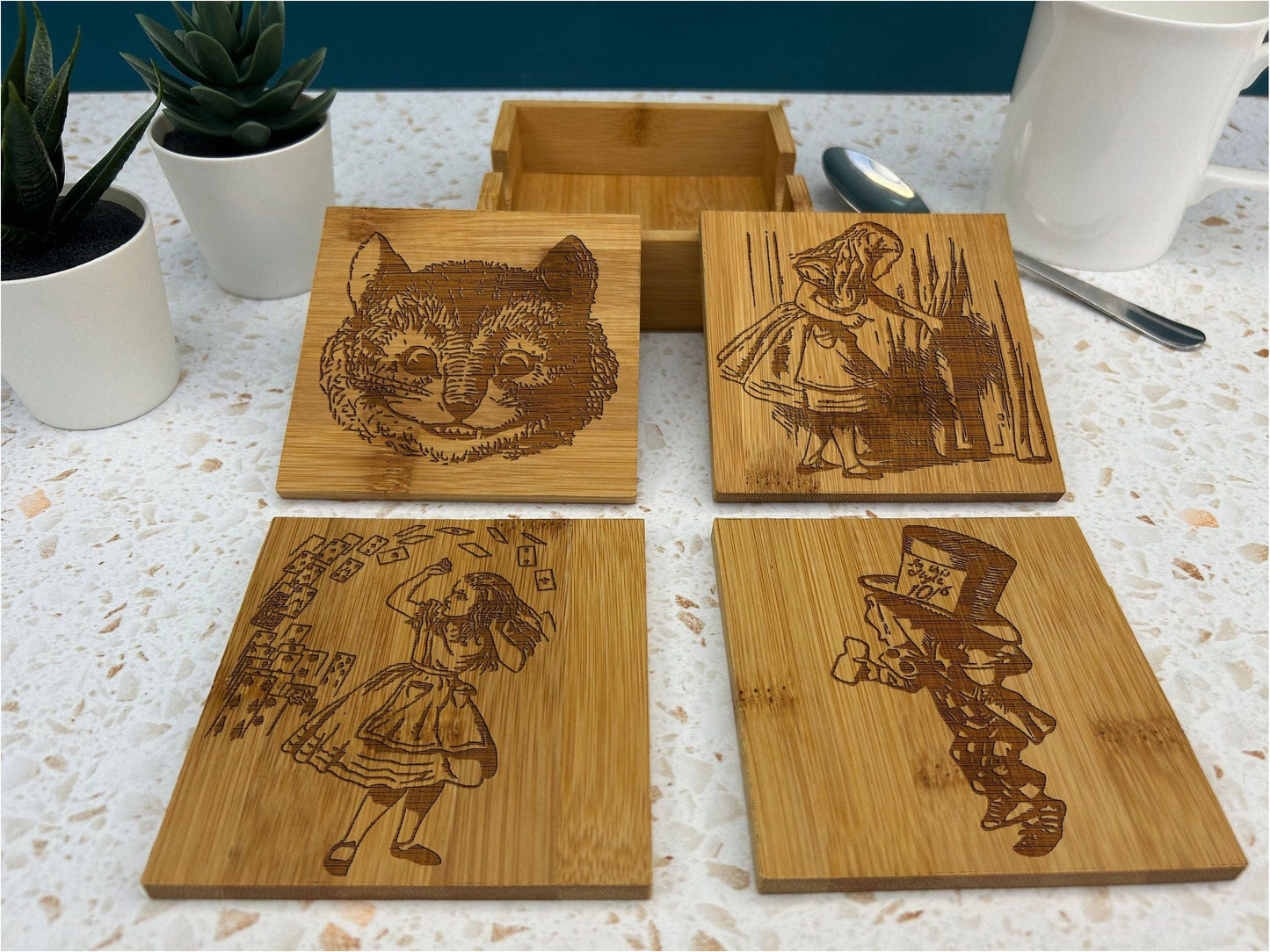 Alice in Wonderland Illustrations Bamboo Coaster Set