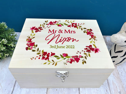 Pink Floral Wreath Personalised Wedding Memory Box