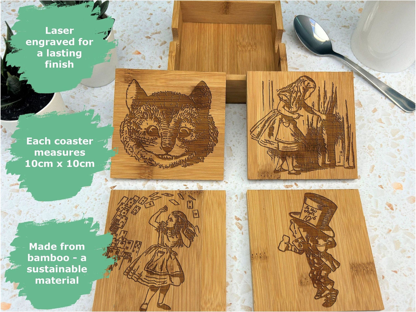 Alice in Wonderland Illustrations Bamboo Coaster Set