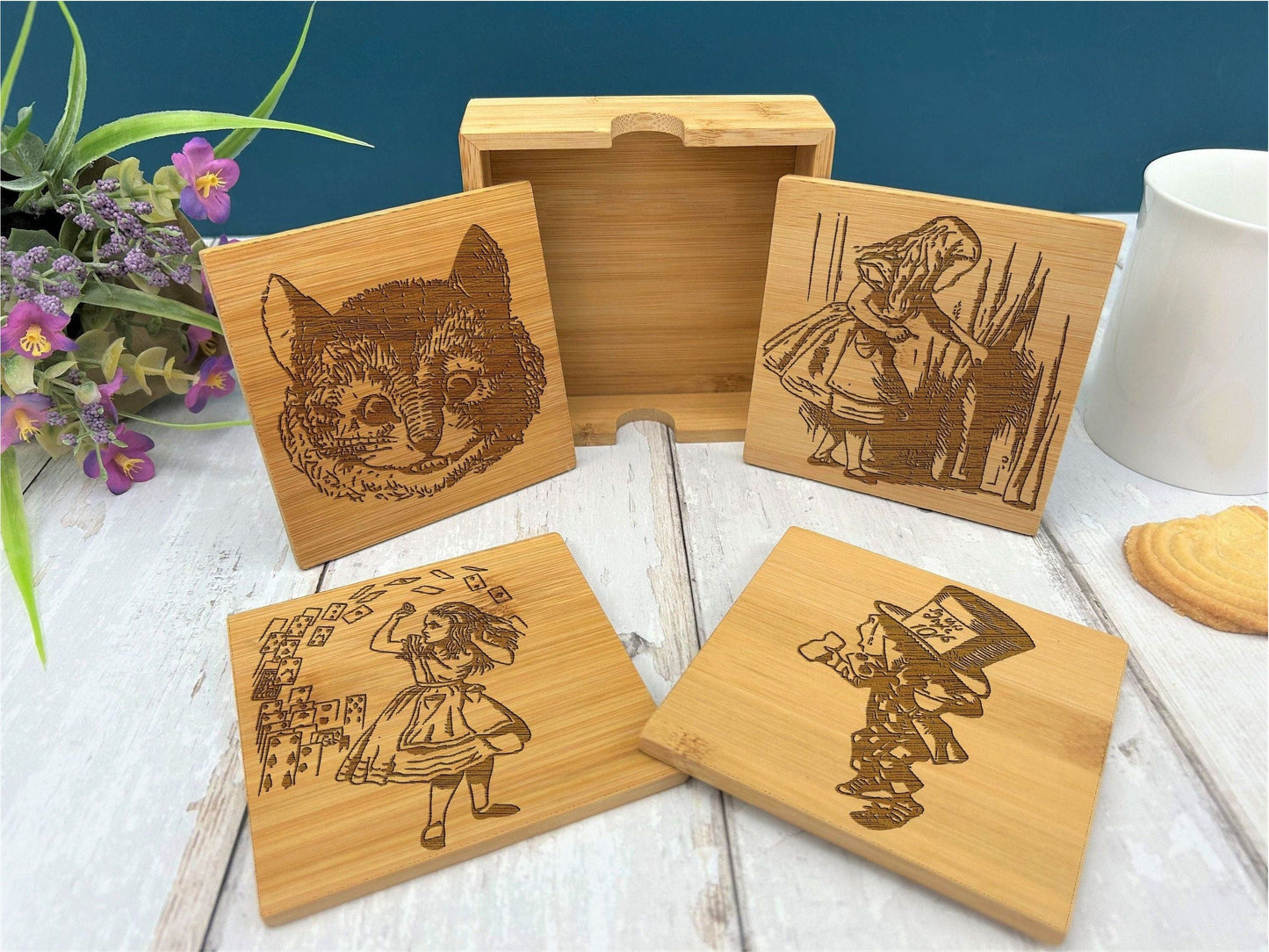 Alice in Wonderland Illustrations Bamboo Coaster Set