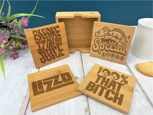 Lizzo Lyrics Engraved Bamboo Coaster Set