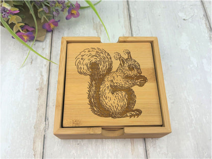 Squirrel Engraved Bamboo Coaster Set