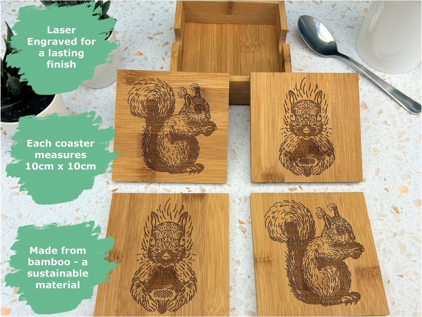 Squirrel Engraved Bamboo Coaster Set