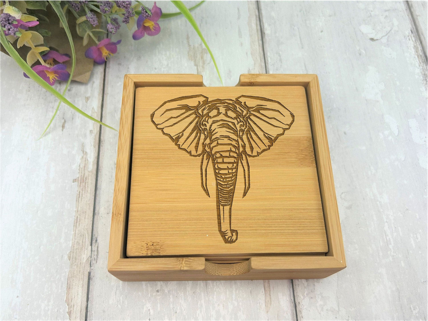 Elephant Engraved Bamboo Coaster Set