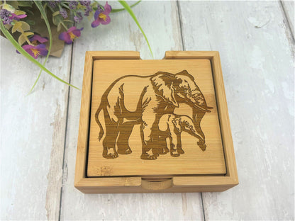 Elephant Engraved Bamboo Coaster Set