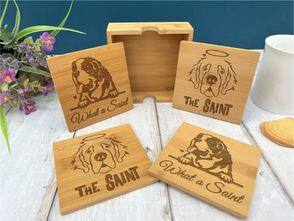 Saint Bernard Dog Engraved Bamboo Coaster Set